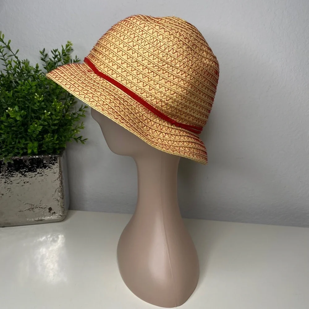 Ann‎ Taylor Womens Straw Bucket Hat Tan Red Zigzag Stitch Sun Hat Cottagecore